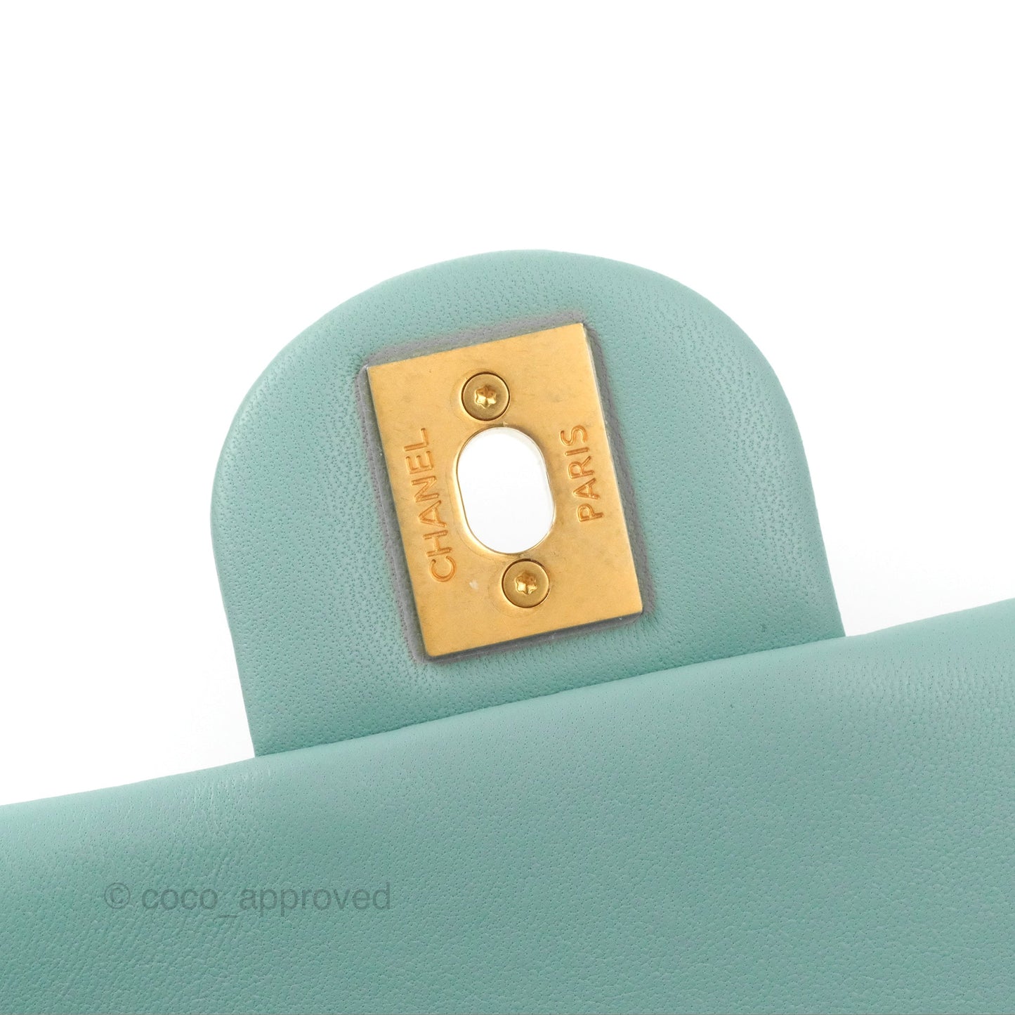 Chanel Circular Handle Square Flap Bag Tiffany Blue Lambskin Aged Gold Hardware