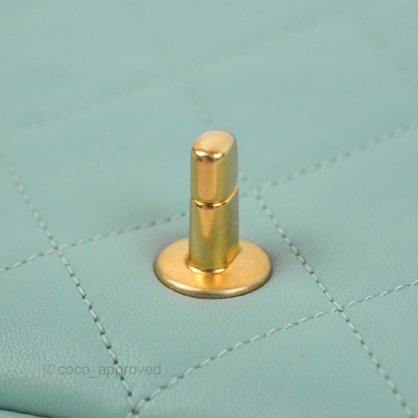 Chanel Circular Handle Square Flap Bag Tiffany Blue Lambskin Aged Gold Hardware