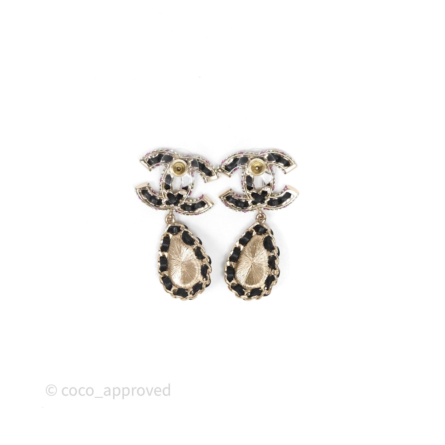 Chanel Pearl Black Leather Drop Crystal CC Earrings Gold Tone 21P