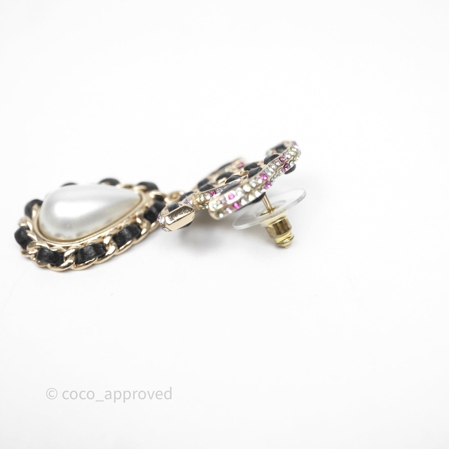 Chanel Pearl Black Leather Drop Crystal CC Earrings Gold Tone 21P