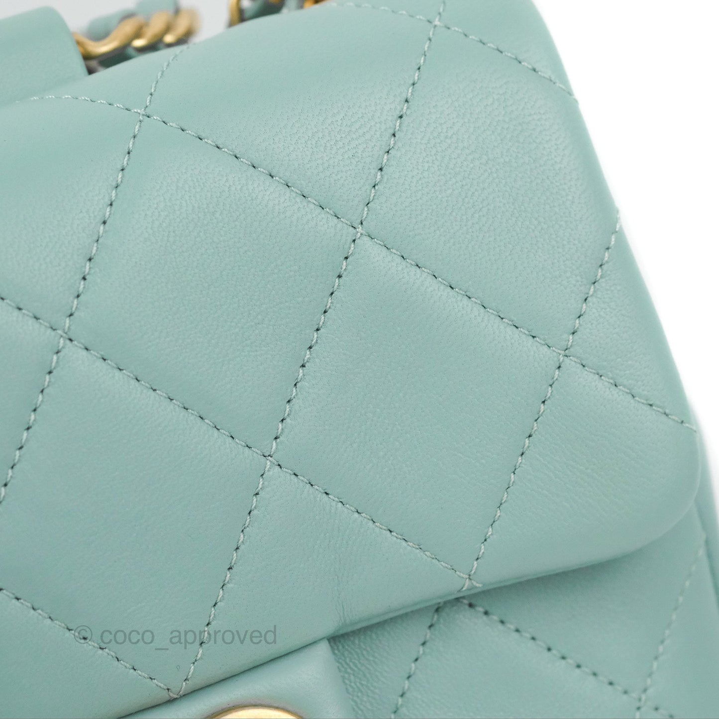 Chanel Circular Handle Square Flap Bag Tiffany Blue Lambskin Aged Gold Hardware