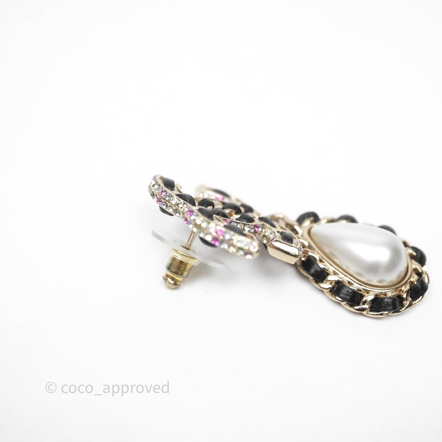 Chanel Pearl Black Leather Drop Crystal CC Earrings Gold Tone 21P