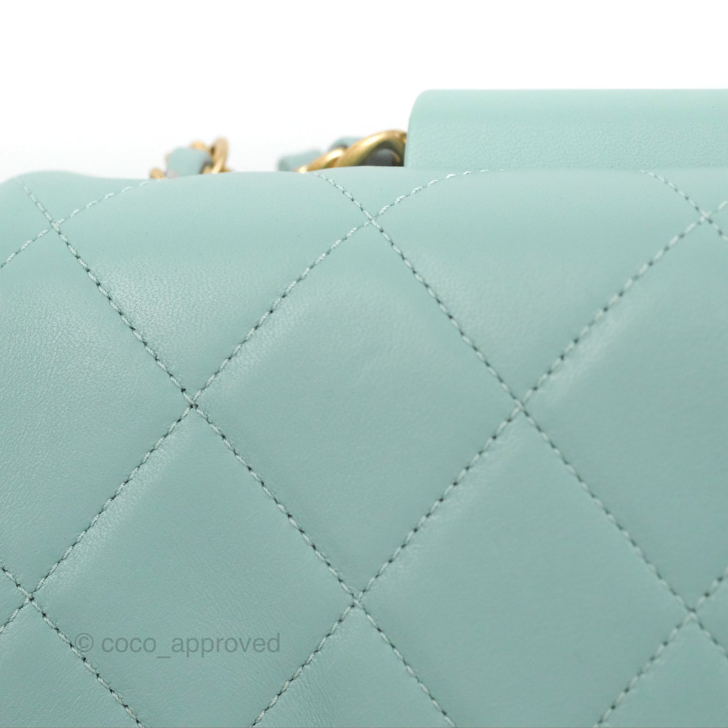 Chanel Circular Handle Square Flap Bag Tiffany Blue Lambskin Aged Gold Hardware