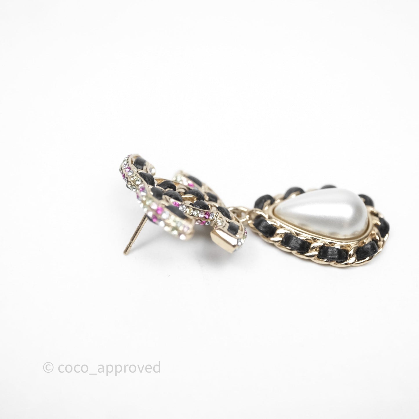 Chanel Pearl Black Leather Drop Crystal CC Earrings Gold Tone 21P