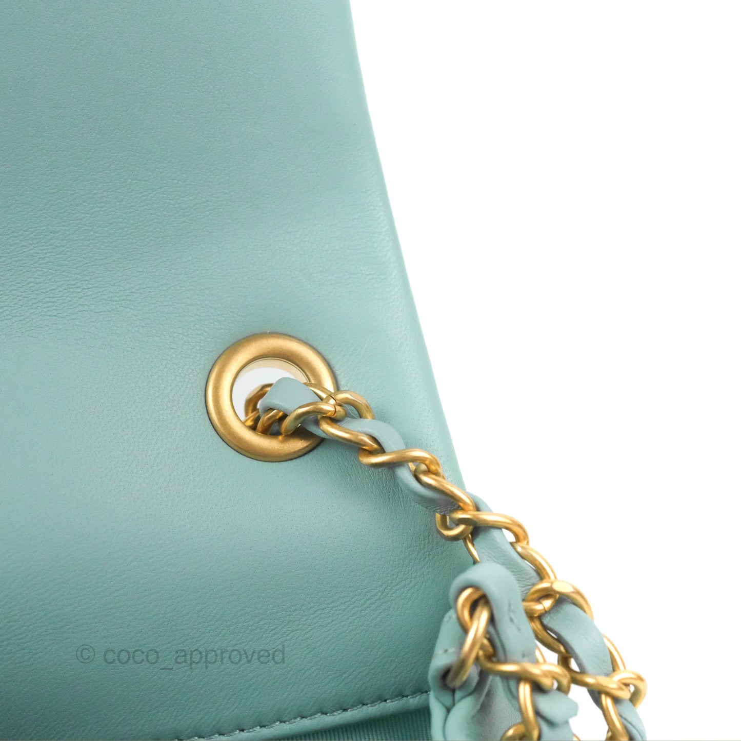 Chanel Circular Handle Square Flap Bag Tiffany Blue Lambskin Aged Gold Hardware