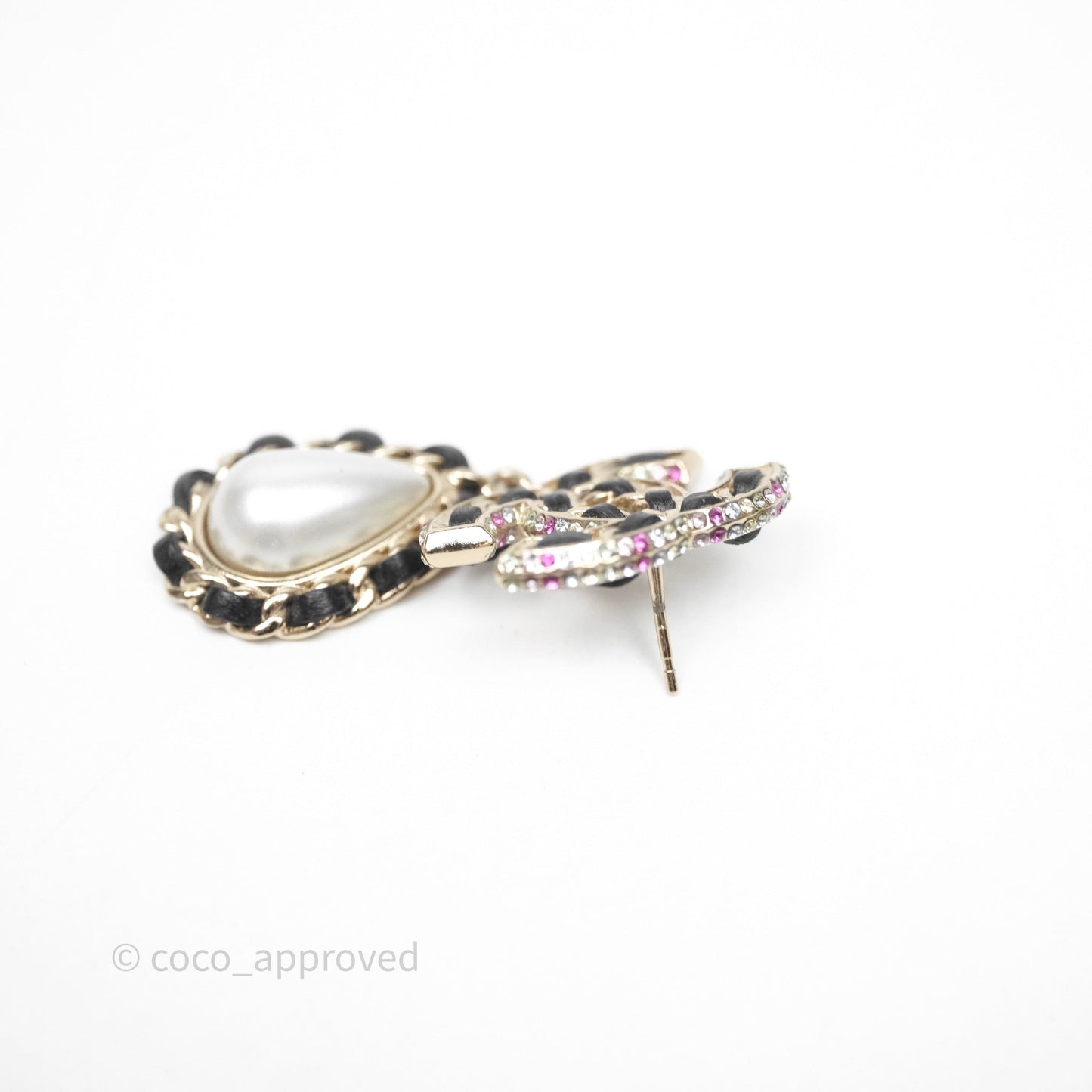 Chanel Pearl Black Leather Drop Crystal CC Earrings Gold Tone 21P
