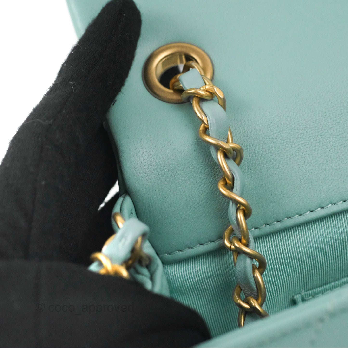 Chanel Circular Handle Square Flap Bag Tiffany Blue Lambskin Aged Gold Hardware