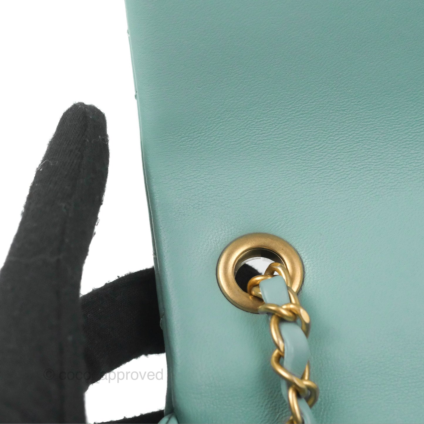 Chanel Circular Handle Square Flap Bag Tiffany Blue Lambskin Aged Gold Hardware