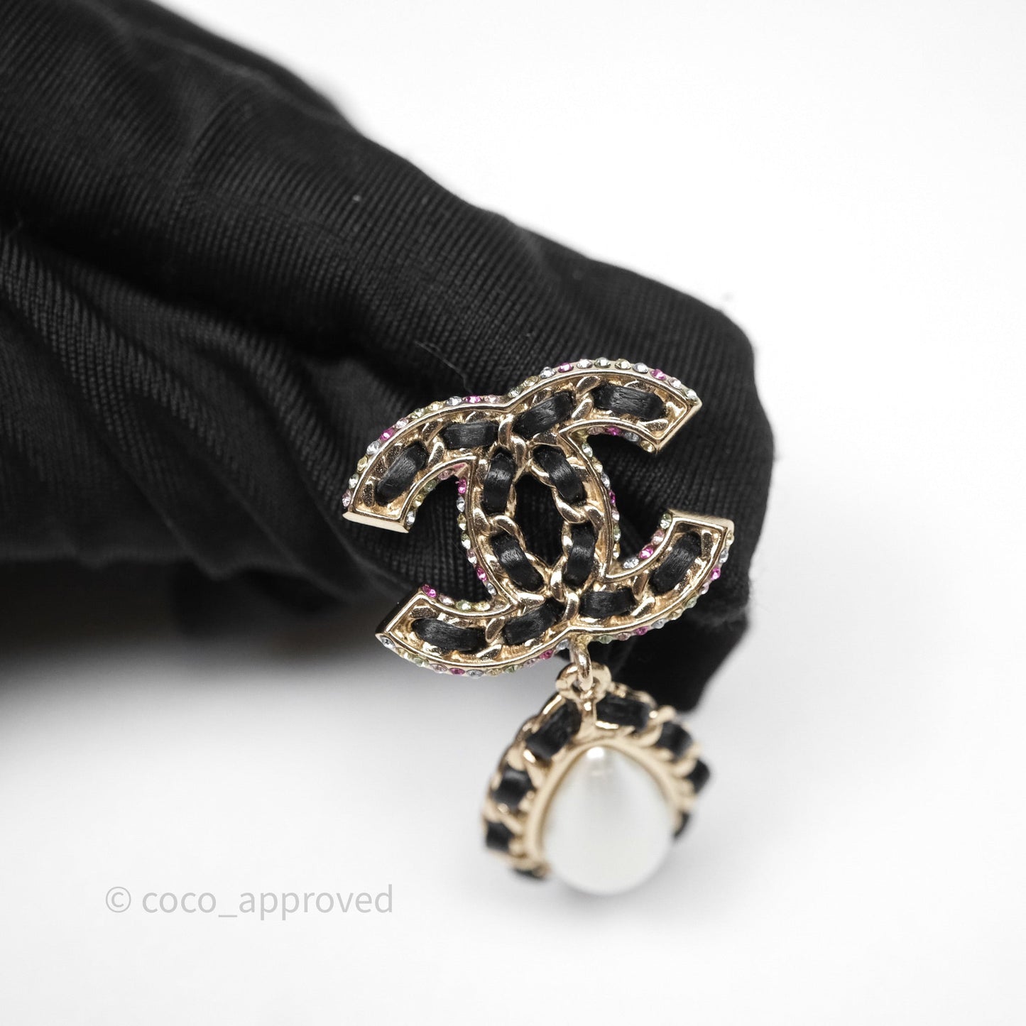 Chanel Pearl Black Leather Drop Crystal CC Earrings Gold Tone 21P