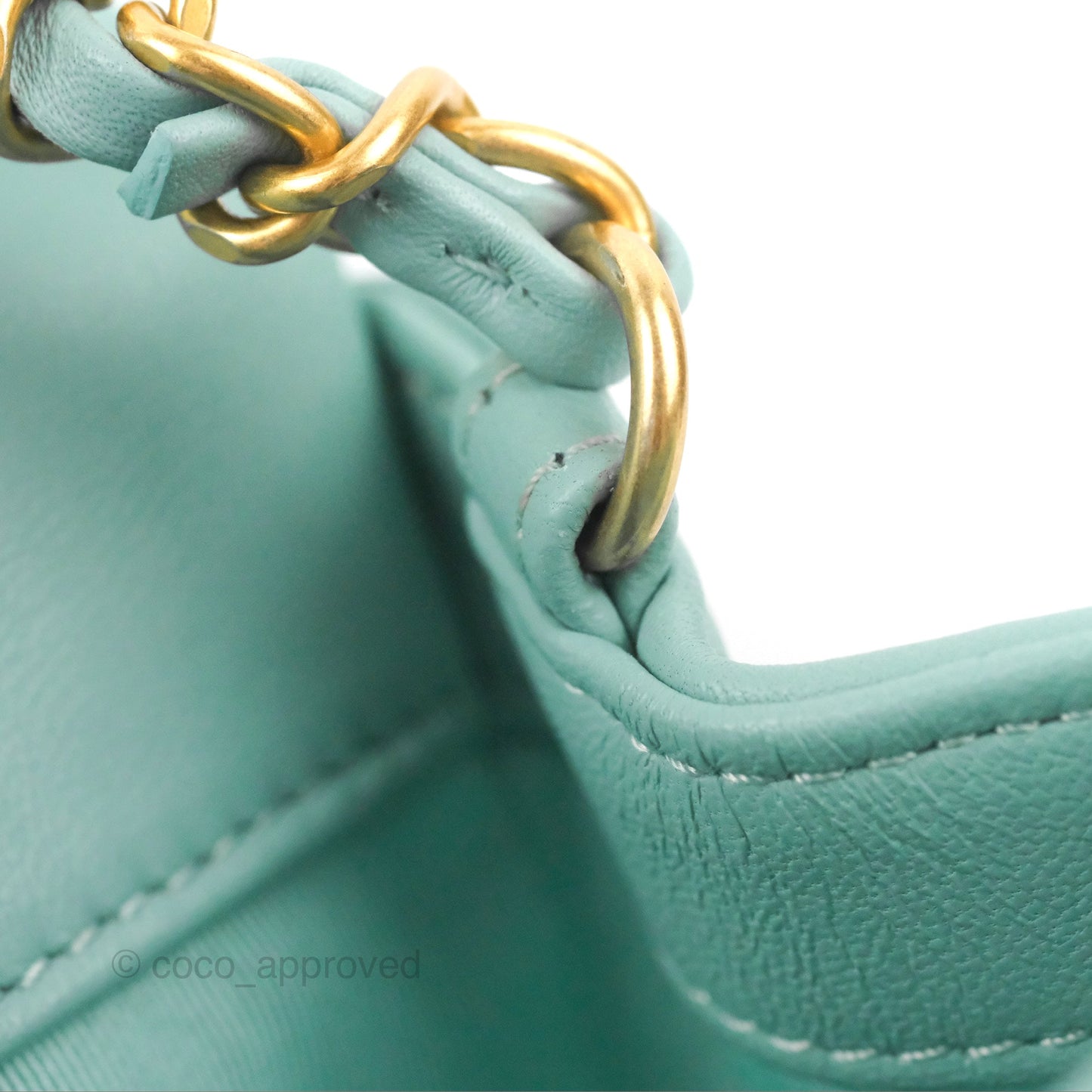 Chanel Circular Handle Square Flap Bag Tiffany Blue Lambskin Aged Gold Hardware