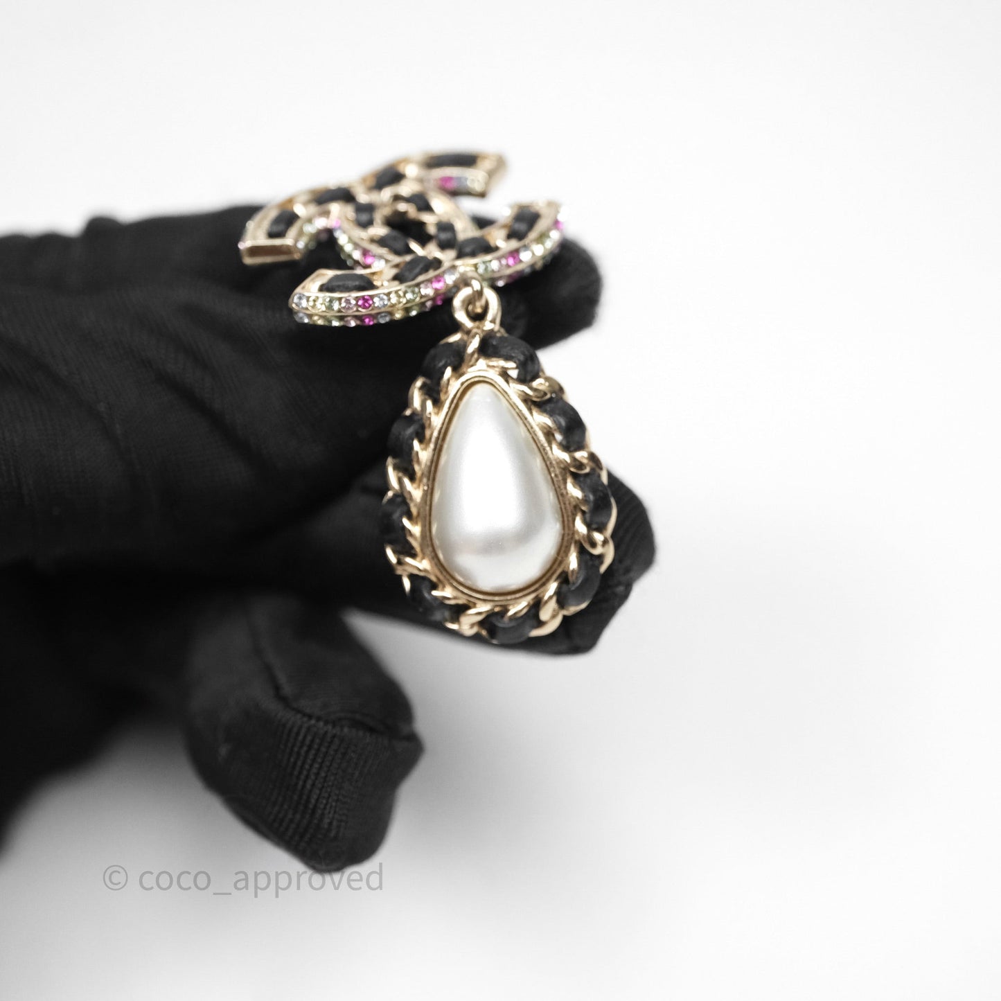 Chanel Pearl Black Leather Drop Crystal CC Earrings Gold Tone 21P