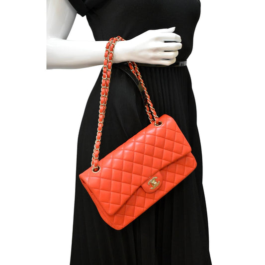 CHANEL Classic Double Flap Medium Leather Shoulder Bag Red