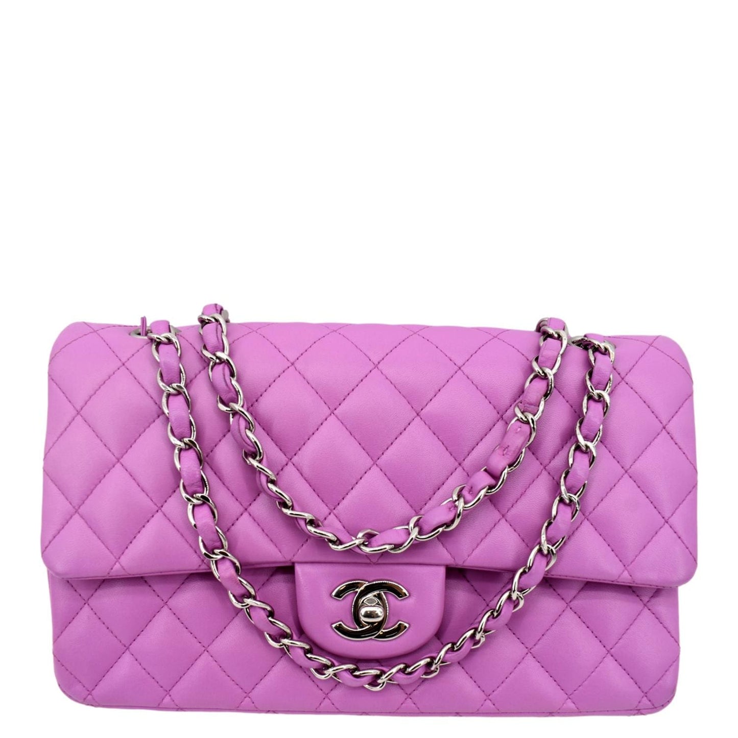 Luxury Chanel Classic Medium Double Flap Quilted Leather Shoulder Bag Neon Pink