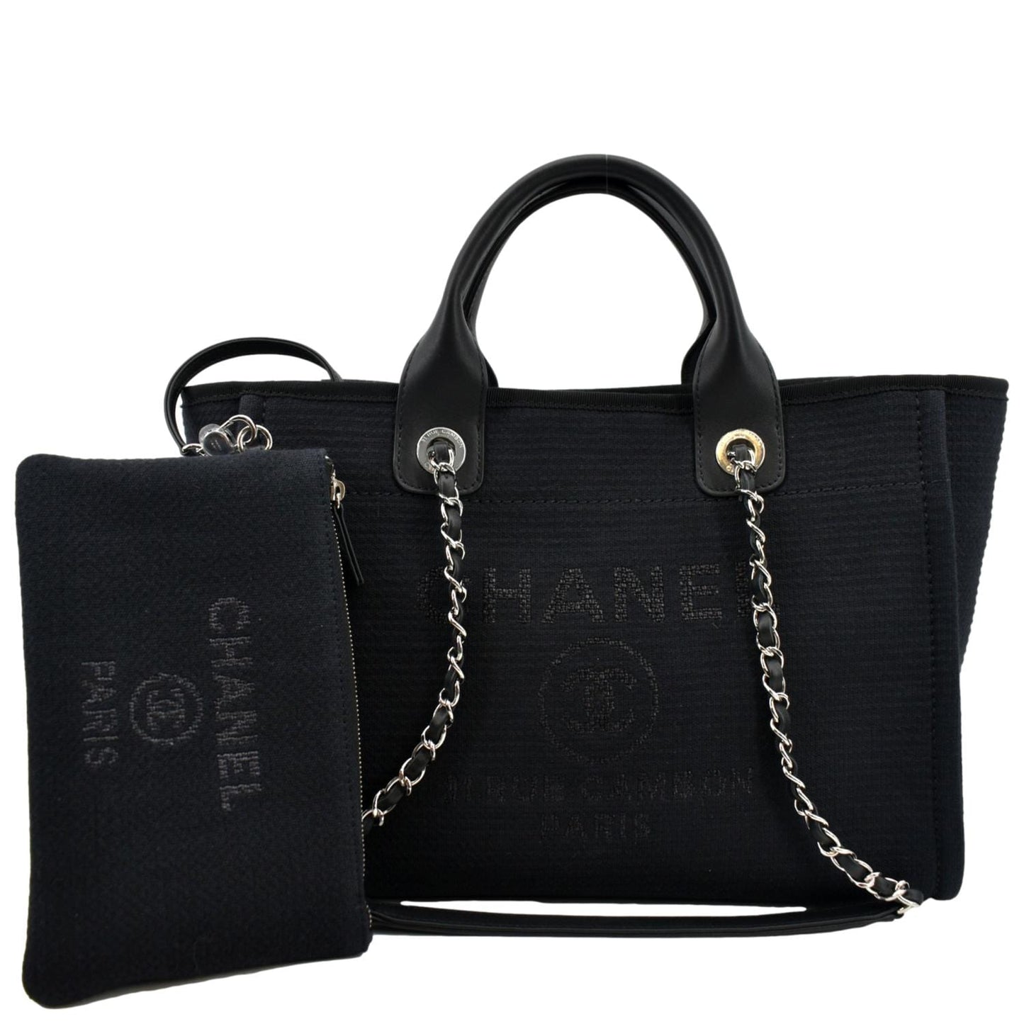 Luxury Chanel Deauville Small Canvas Leather Tote Bag Dark Blue