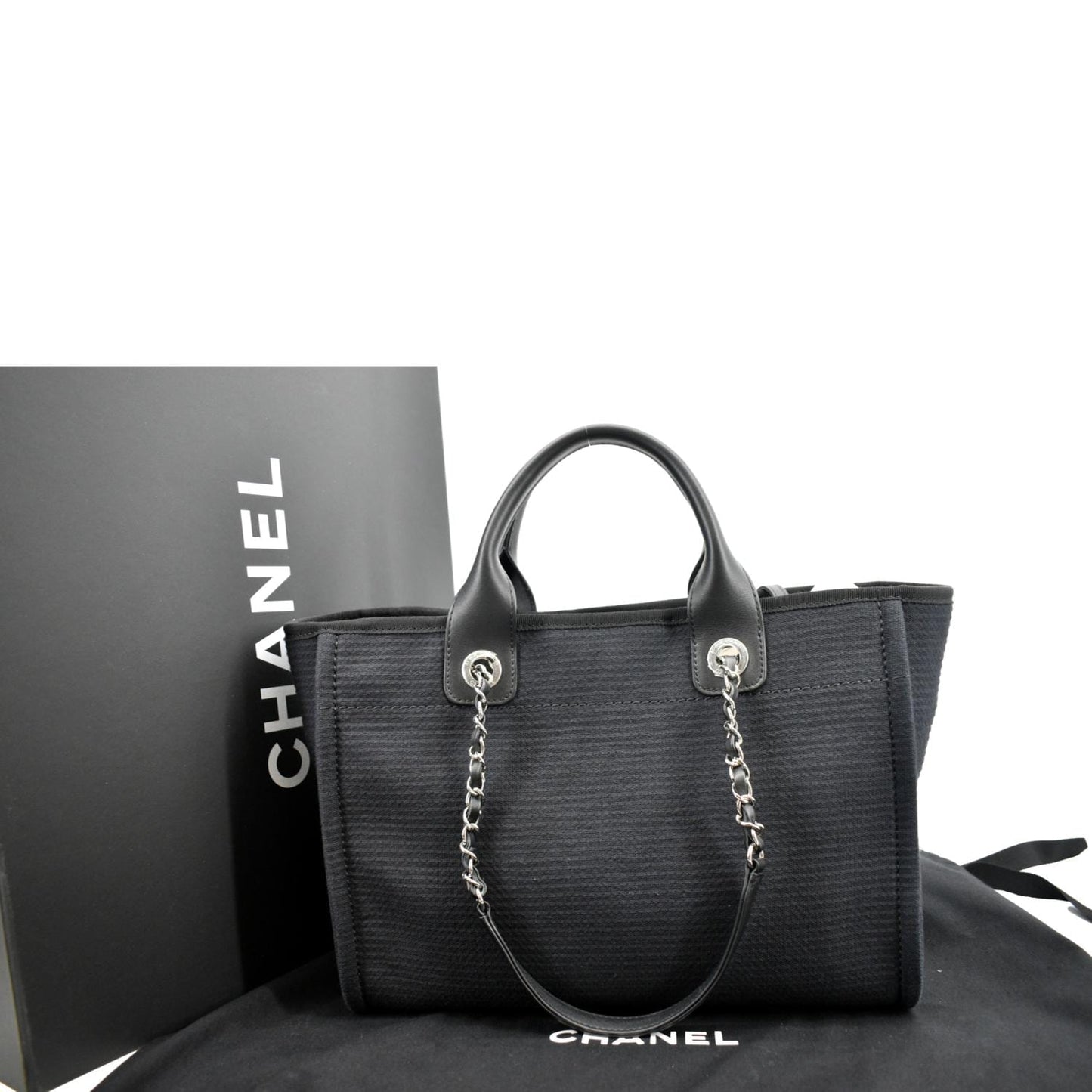 Luxury Chanel Deauville Small Canvas Leather Tote Bag Dark Blue
