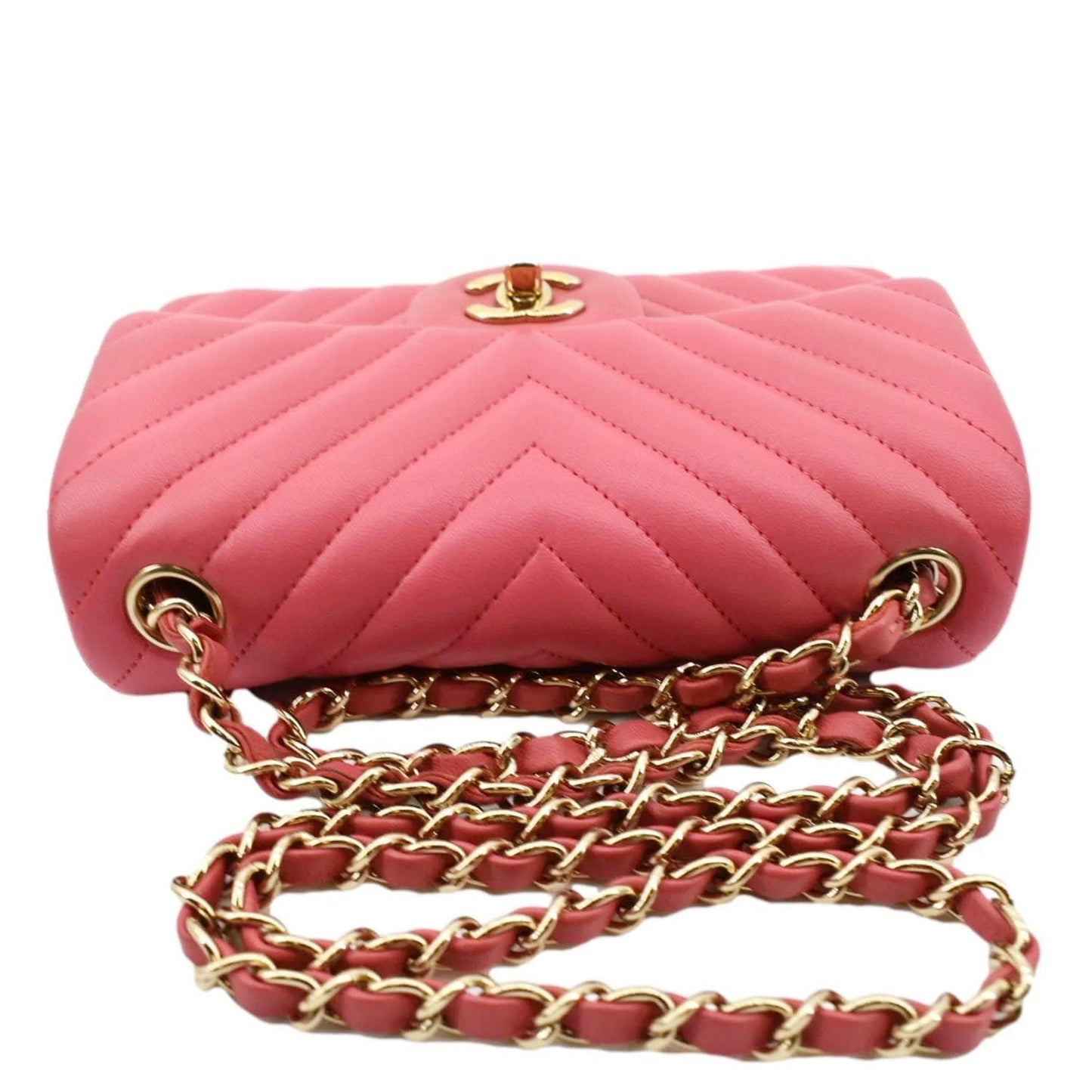 Luxury Chanel Timeless Classic Square Flap Chevron Calfskin Leather Crossbody Bag Pink