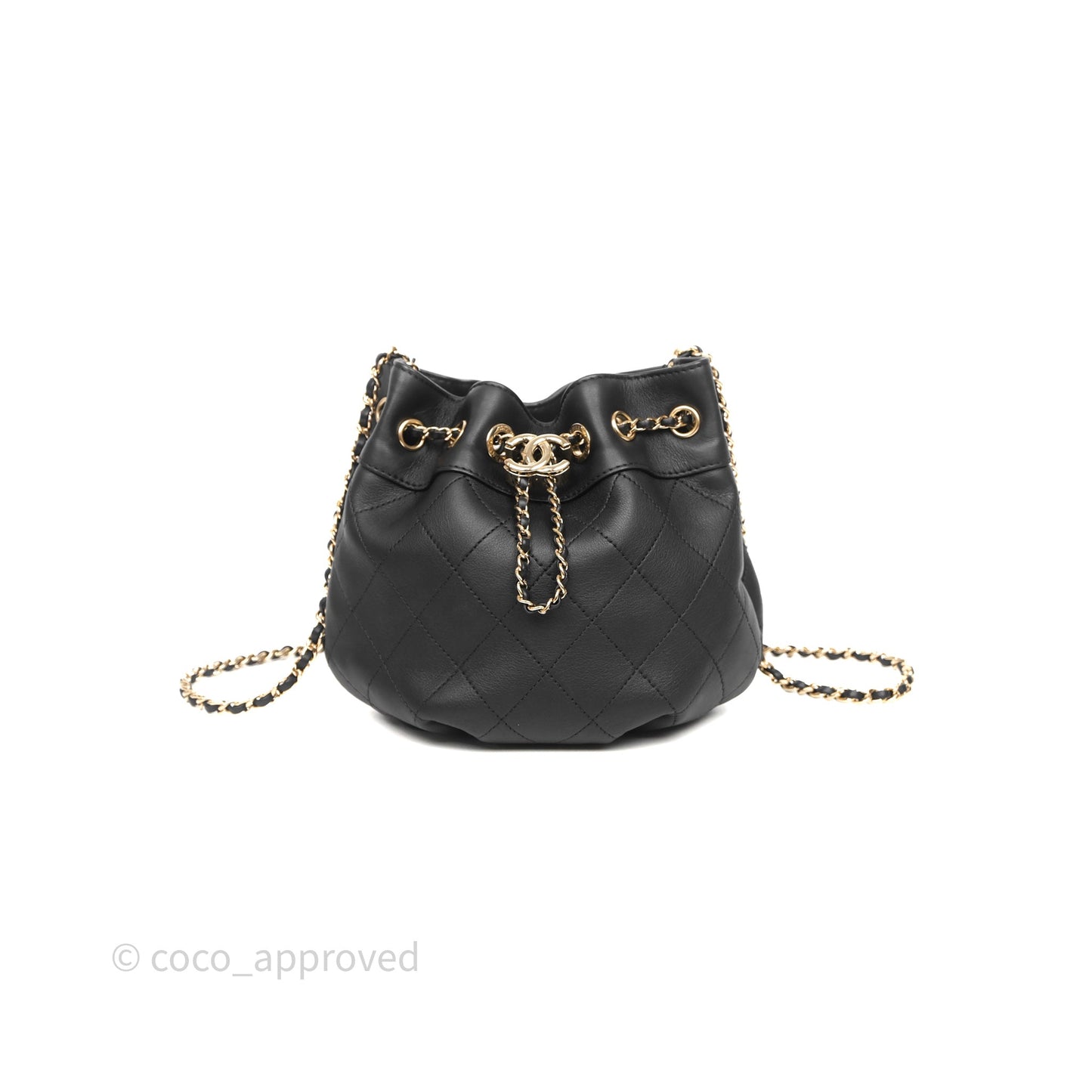 Chanel Quilted Round Drawstring Bucket Bag Black Calfskin Gold Hardware