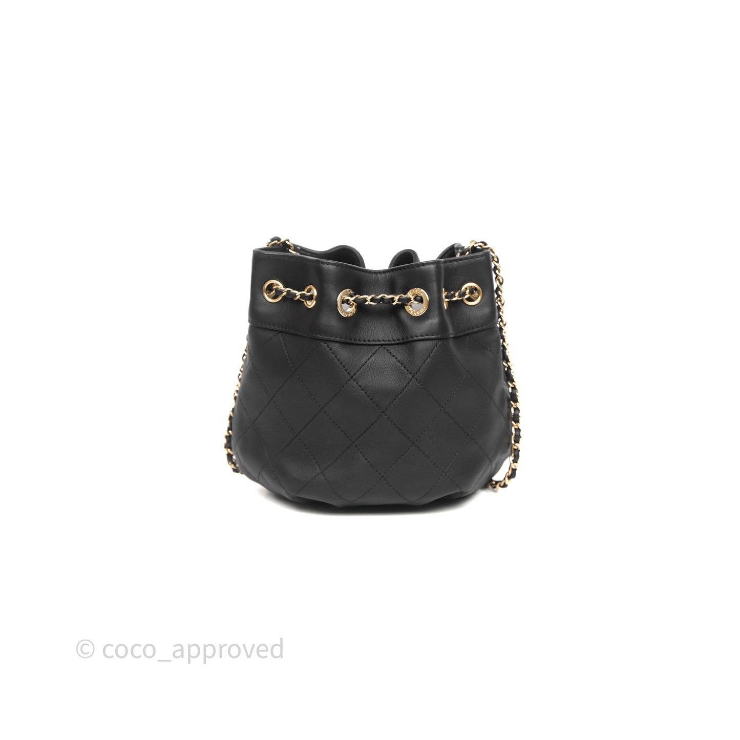Chanel Quilted Round Drawstring Bucket Bag Black Calfskin Gold Hardware