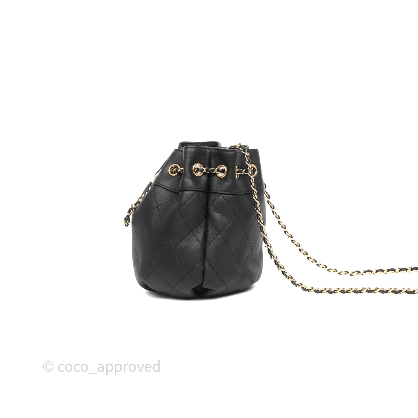 Chanel Quilted Round Drawstring Bucket Bag Black Calfskin Gold Hardware