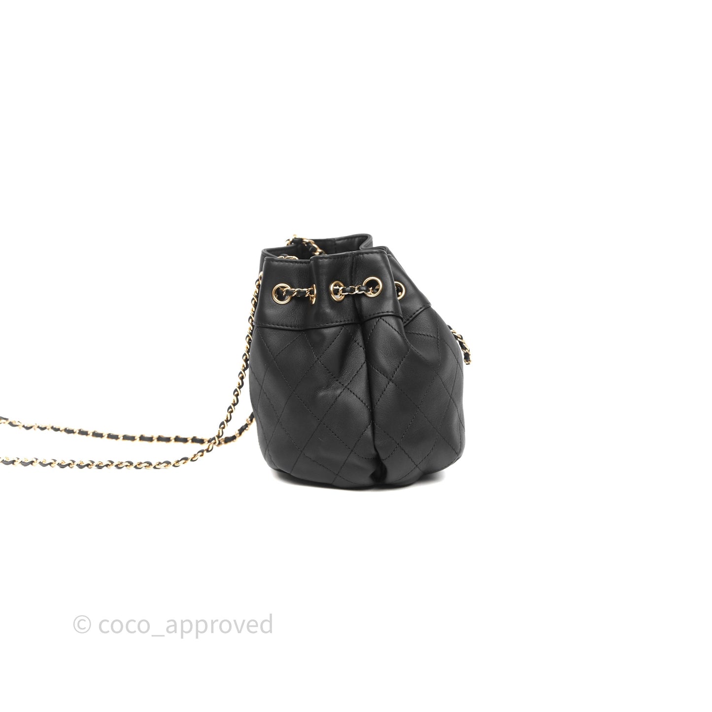 Chanel Quilted Round Drawstring Bucket Bag Black Calfskin Gold Hardware