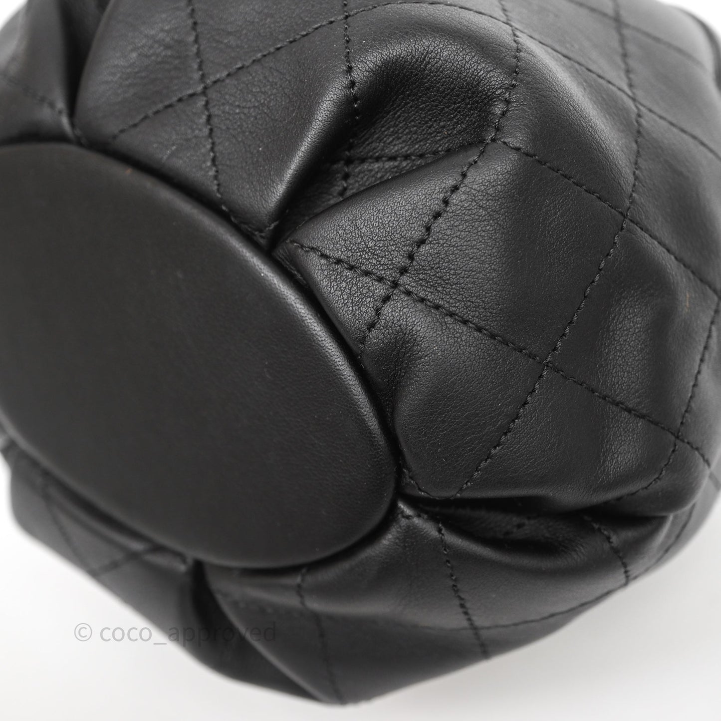 Chanel Quilted Round Drawstring Bucket Bag Black Calfskin Gold Hardware