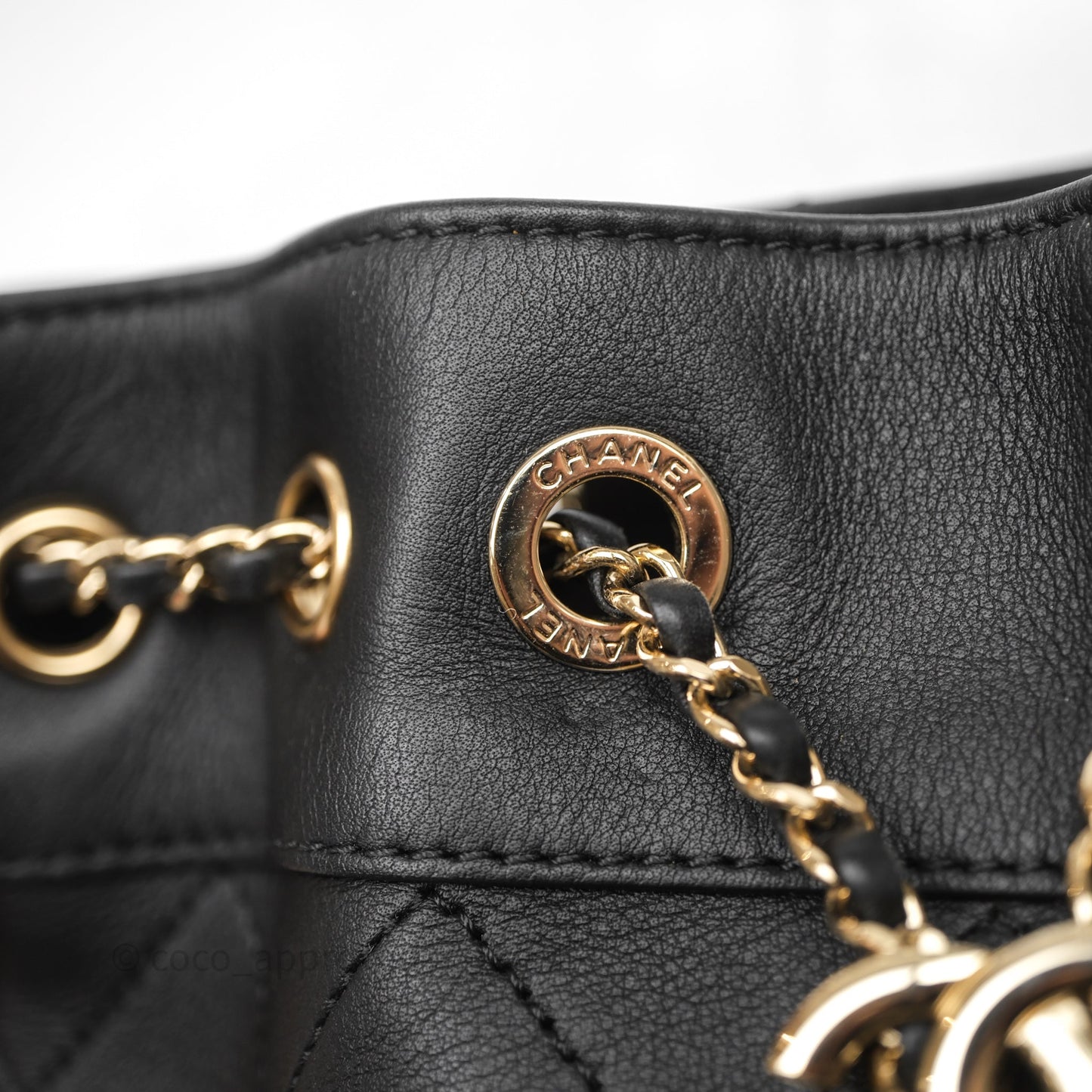 Chanel Quilted Round Drawstring Bucket Bag Black Calfskin Gold Hardware