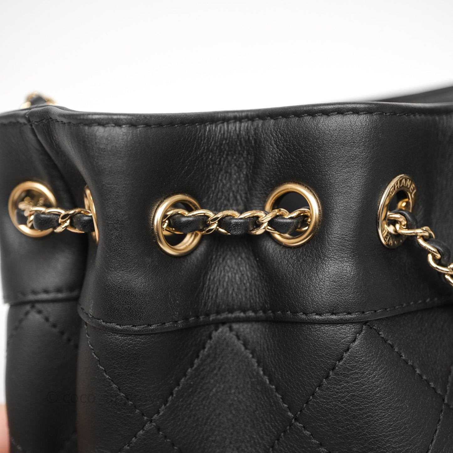 Chanel Quilted Round Drawstring Bucket Bag Black Calfskin Gold Hardware