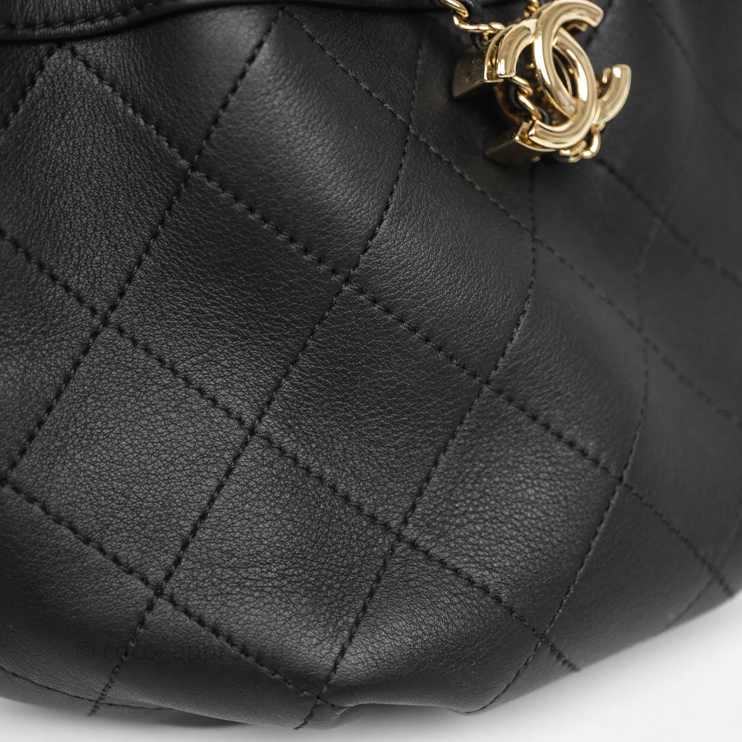 Chanel Quilted Round Drawstring Bucket Bag Black Calfskin Gold Hardware