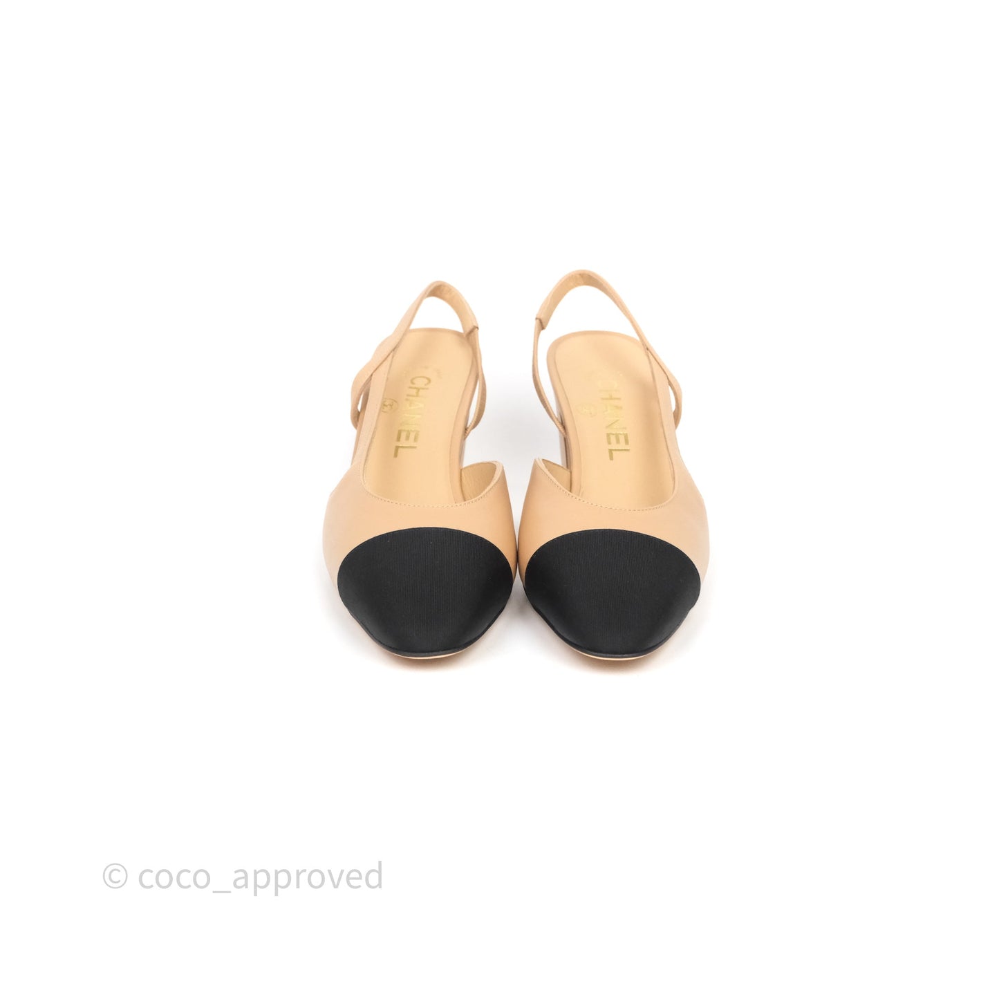 Chanel Classic Slingback Beige Black Leather Size 37