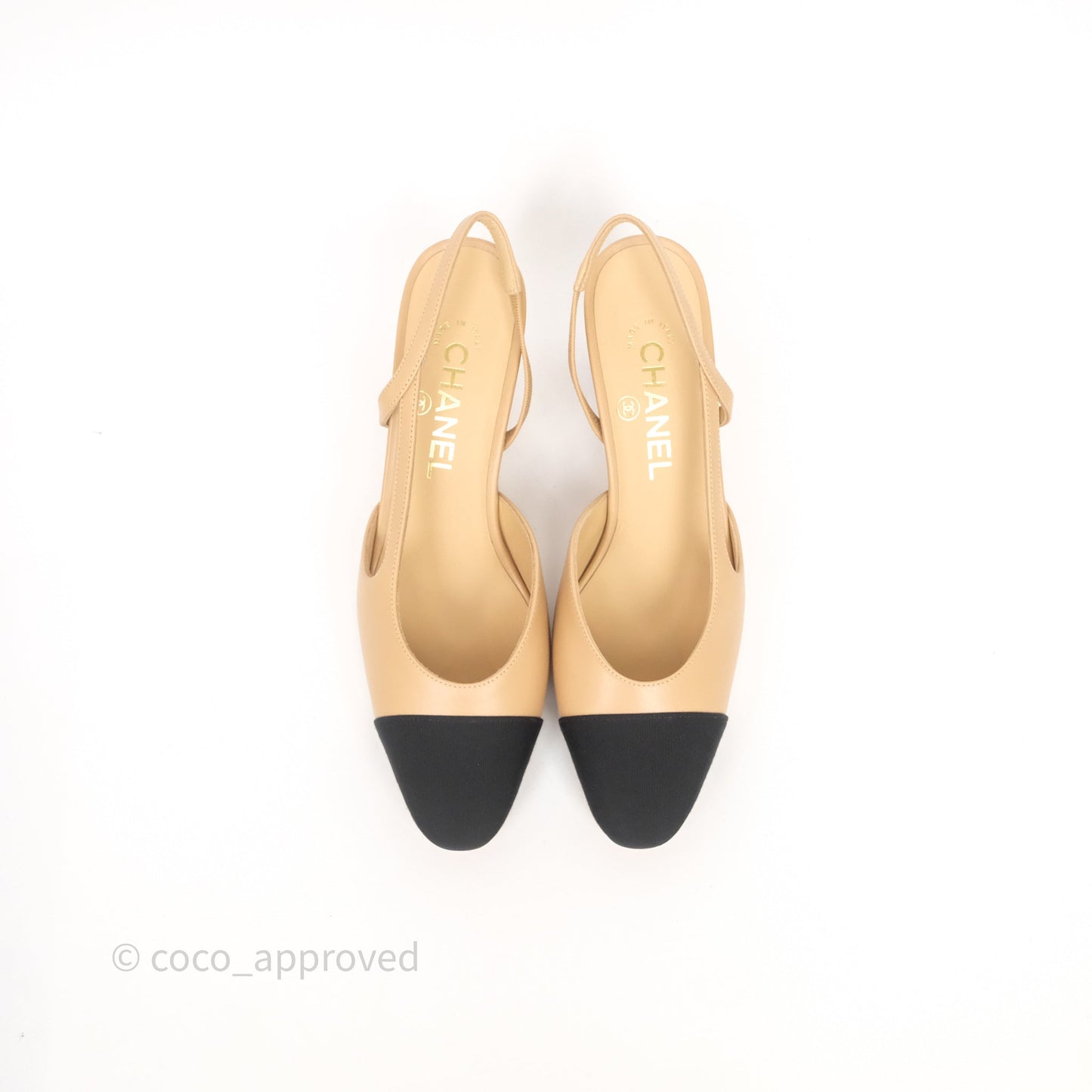 Chanel Classic Slingback Beige Black Leather Size 37