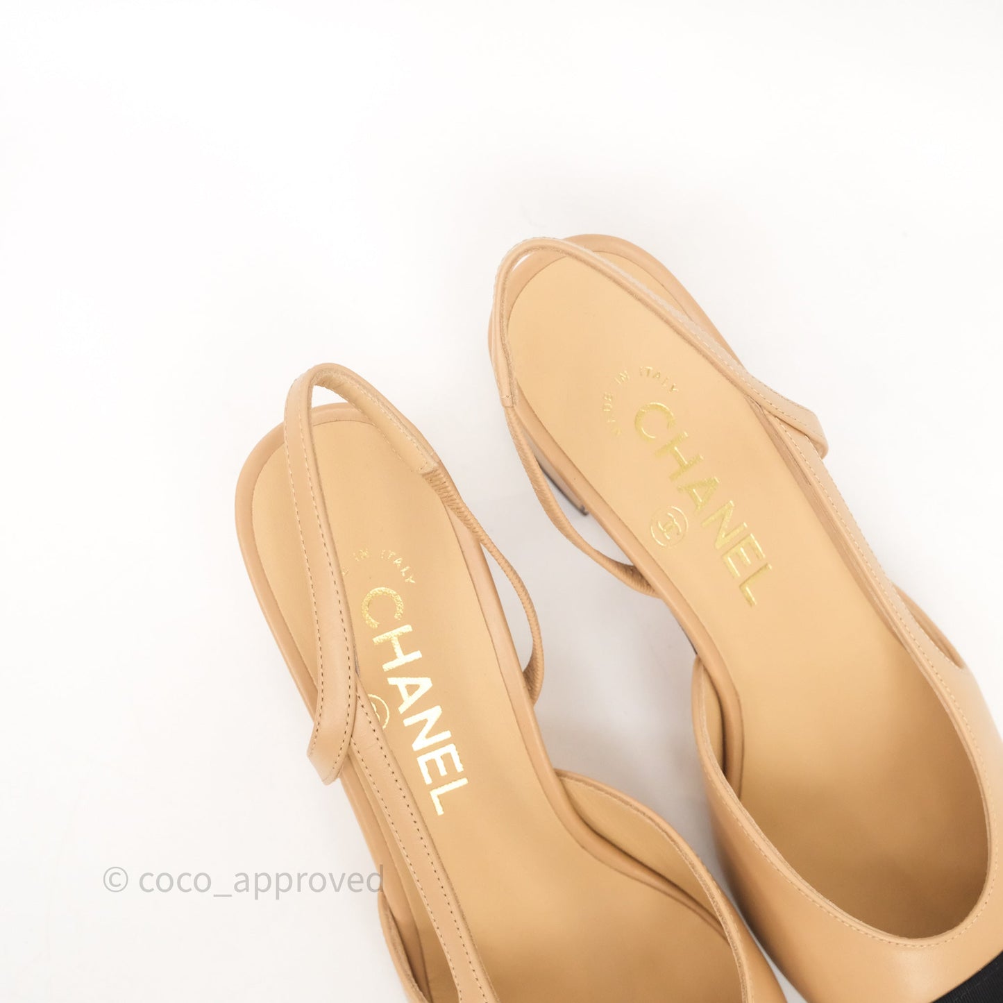 Chanel Classic Slingback Beige Black Leather Size 37