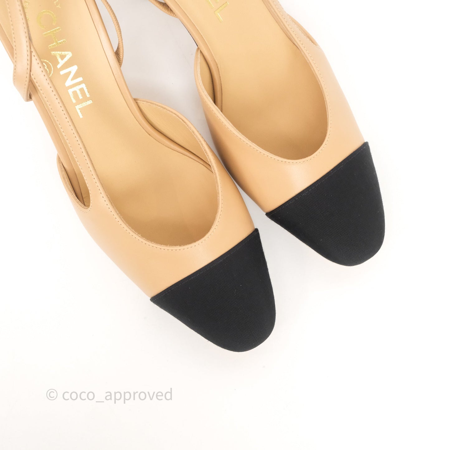 Chanel Classic Slingback Beige Black Leather Size 37