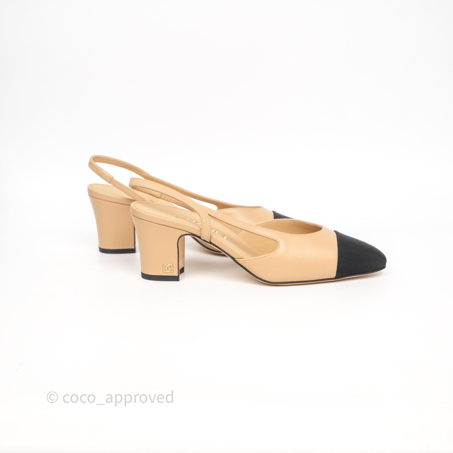 Chanel Classic Slingback Beige Black Leather Size 37