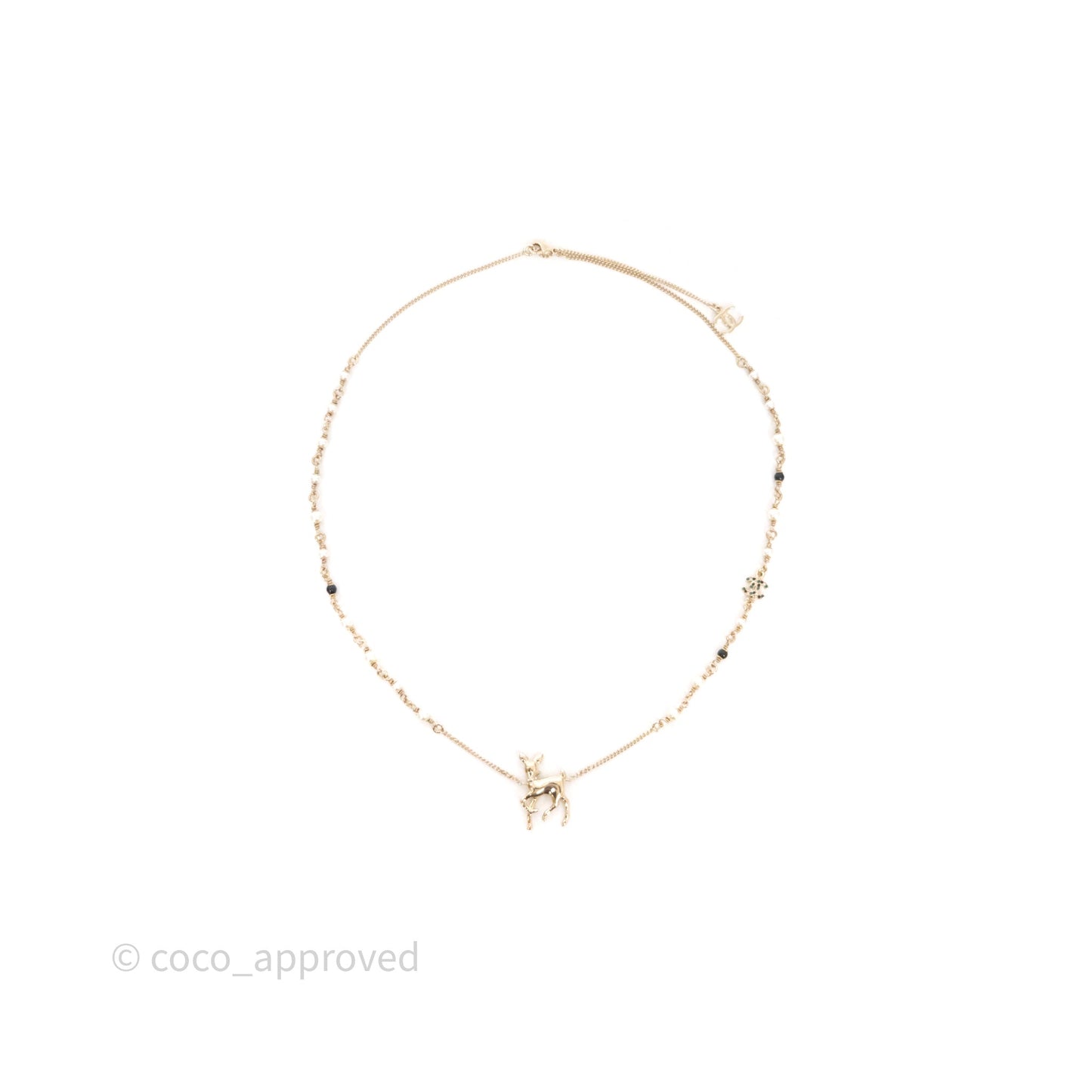 Chanel Crystal CC Pearl Deer Necklace Gold Tone 26C
