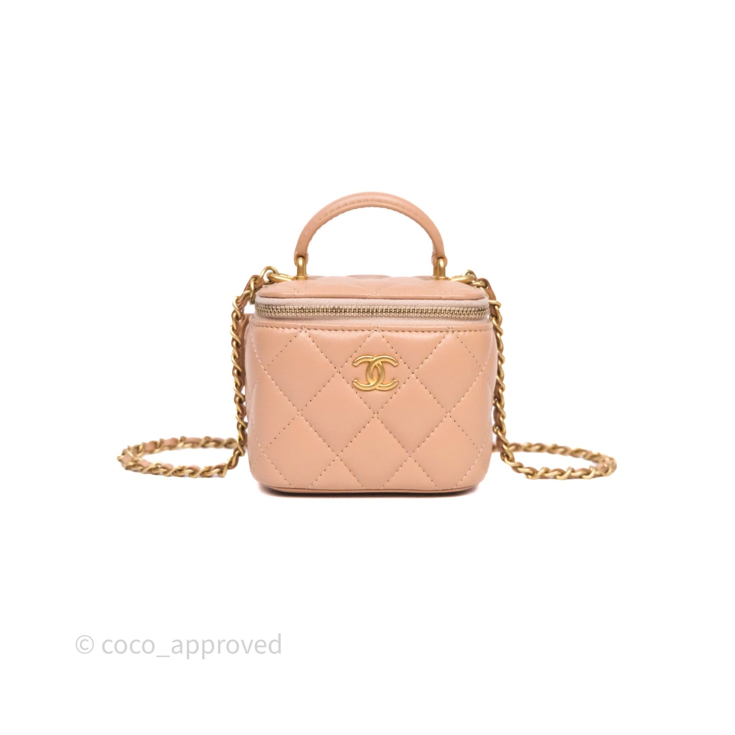 Chanel Mini Top Handle Vanity With Chain Beige Lambskin Aged Gold Hardware