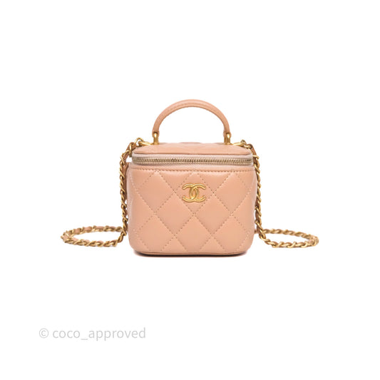 Chanel Mini Top Handle Vanity With Chain Beige Lambskin Aged Gold Hardware