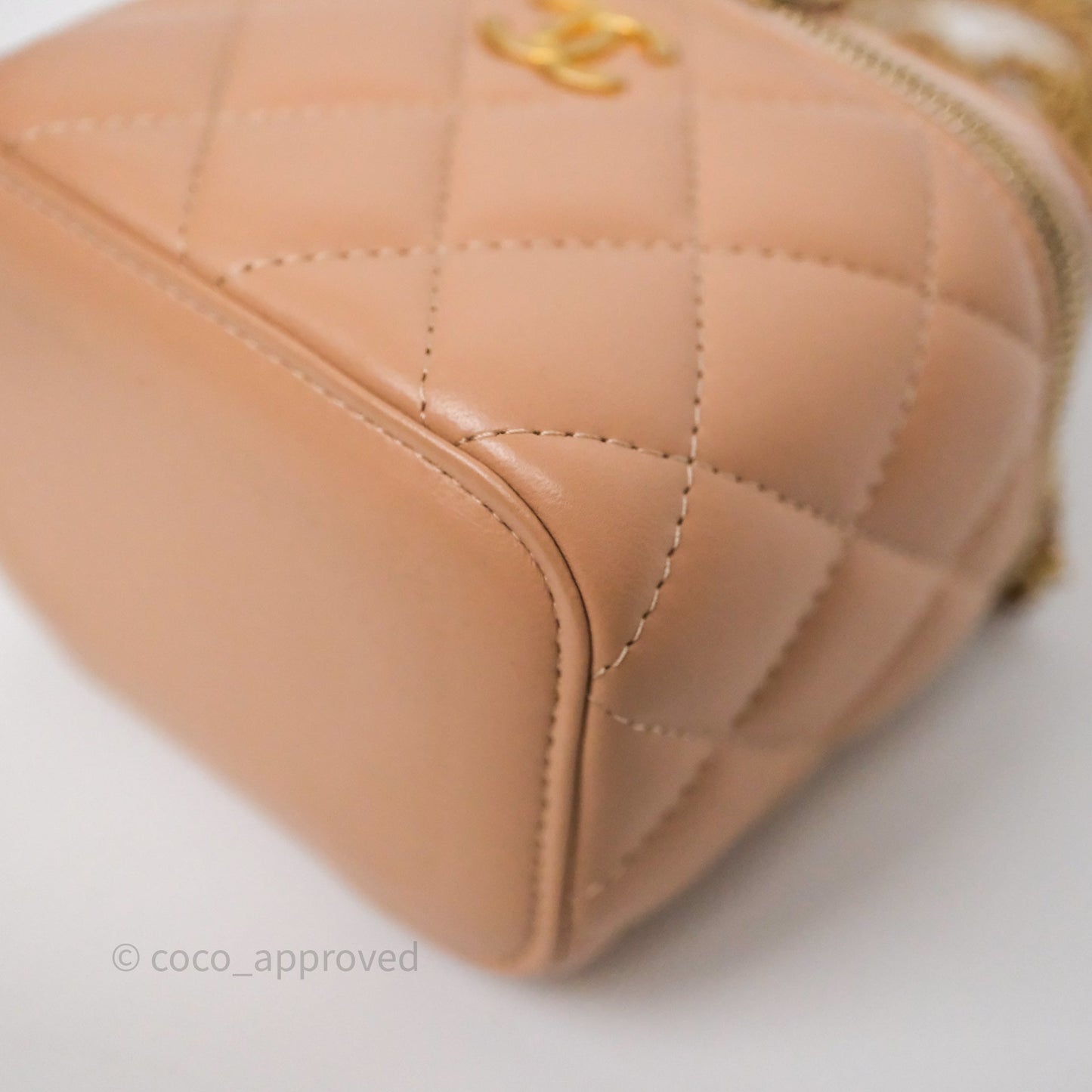 Chanel Mini Top Handle Vanity With Chain Beige Lambskin Aged Gold Hardware