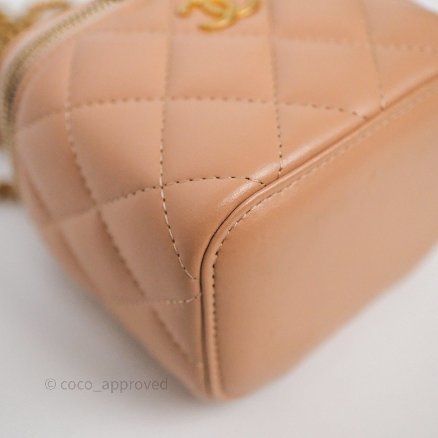 Chanel Mini Top Handle Vanity With Chain Beige Lambskin Aged Gold Hardware
