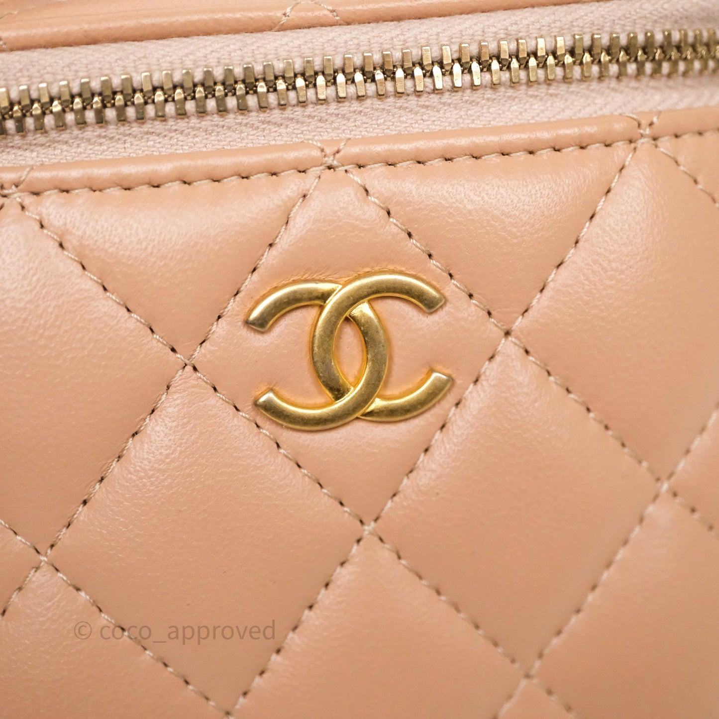 Chanel Mini Top Handle Vanity With Chain Beige Lambskin Aged Gold Hardware