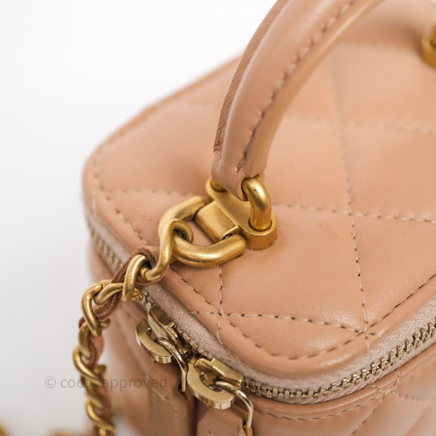Chanel Mini Top Handle Vanity With Chain Beige Lambskin Aged Gold Hardware