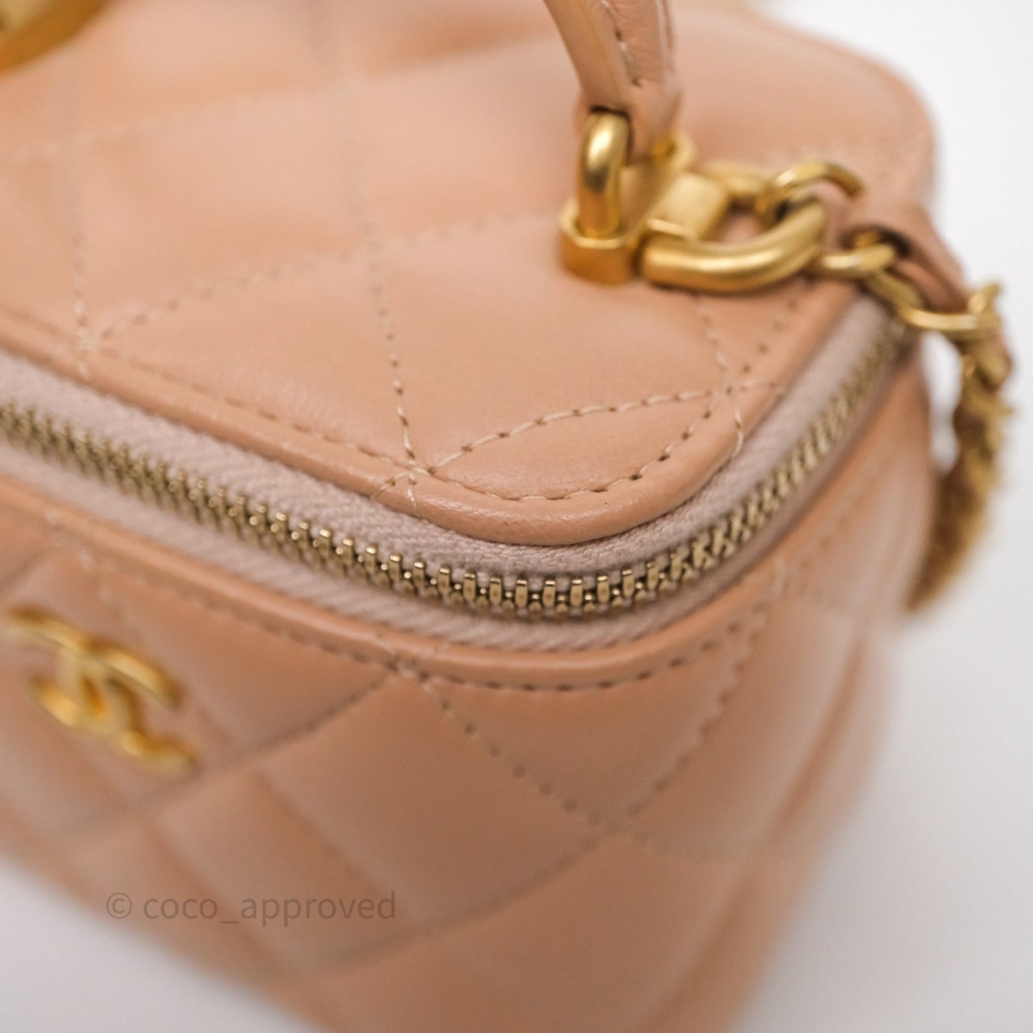 Chanel Mini Top Handle Vanity With Chain Beige Lambskin Aged Gold Hardware