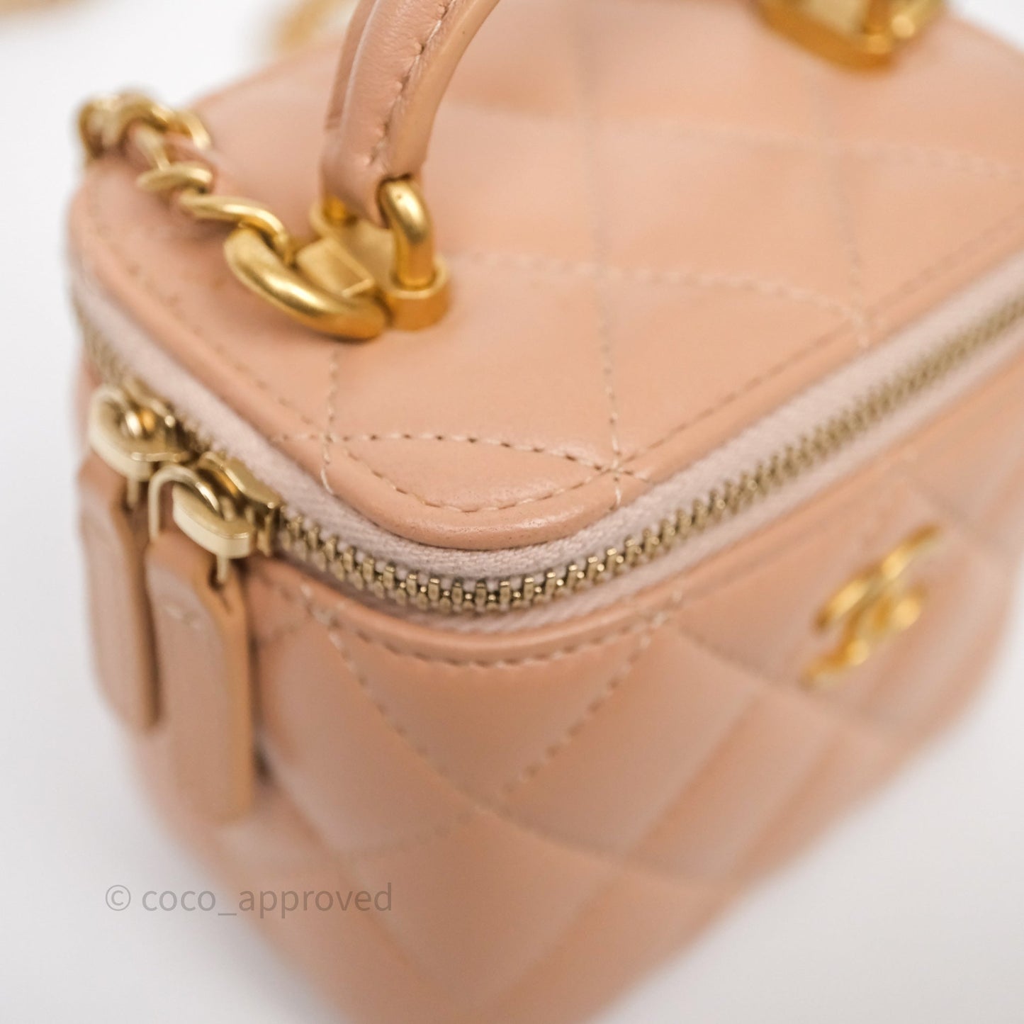 Chanel Mini Top Handle Vanity With Chain Beige Lambskin Aged Gold Hardware