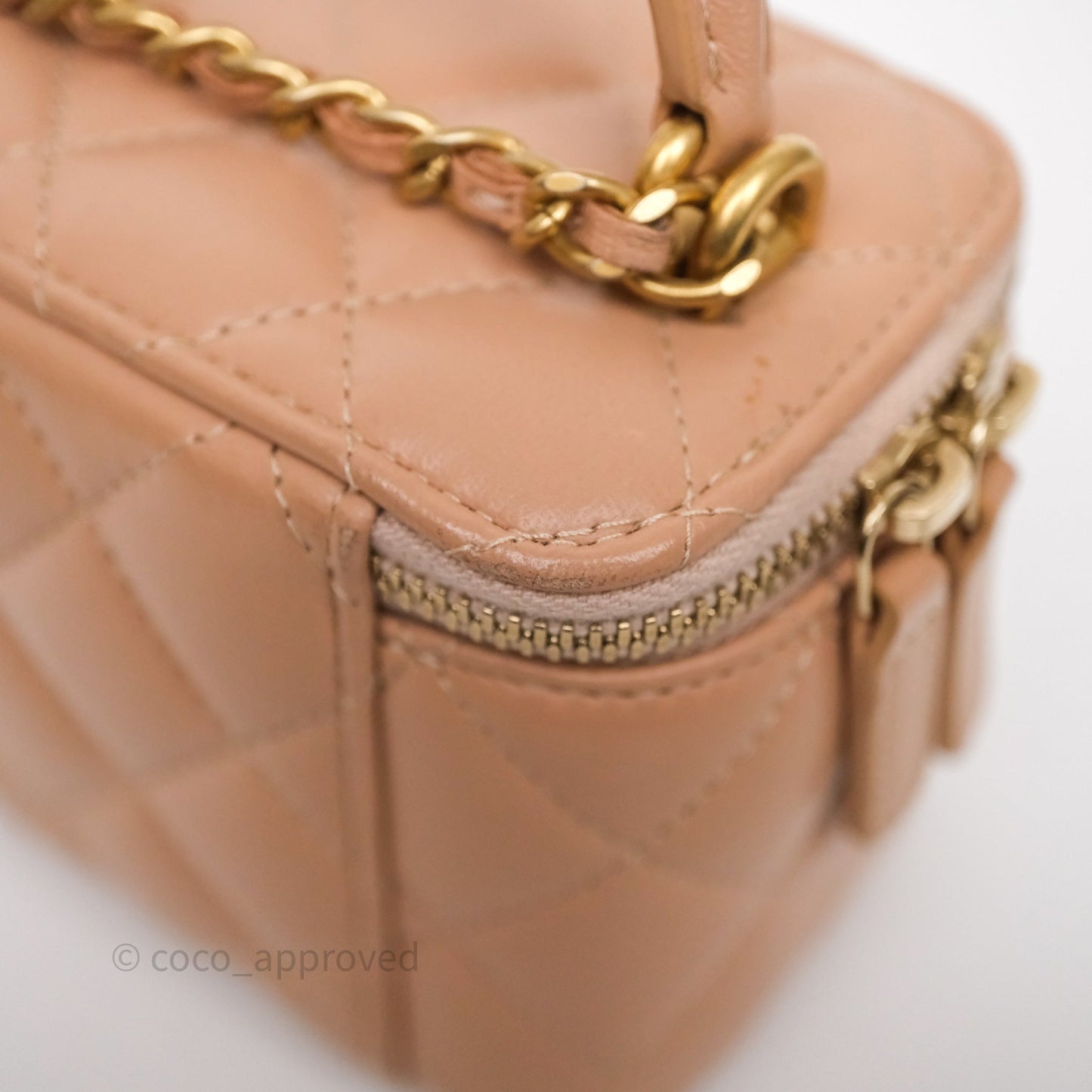 Chanel Mini Top Handle Vanity With Chain Beige Lambskin Aged Gold Hardware