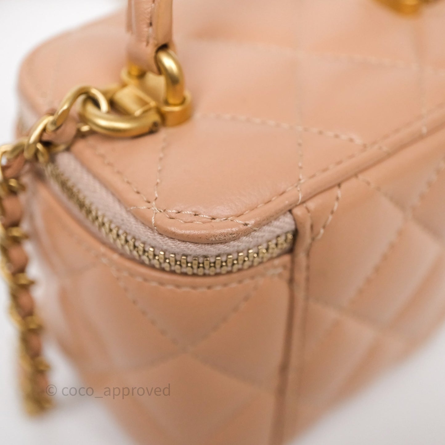 Chanel Mini Top Handle Vanity With Chain Beige Lambskin Aged Gold Hardware