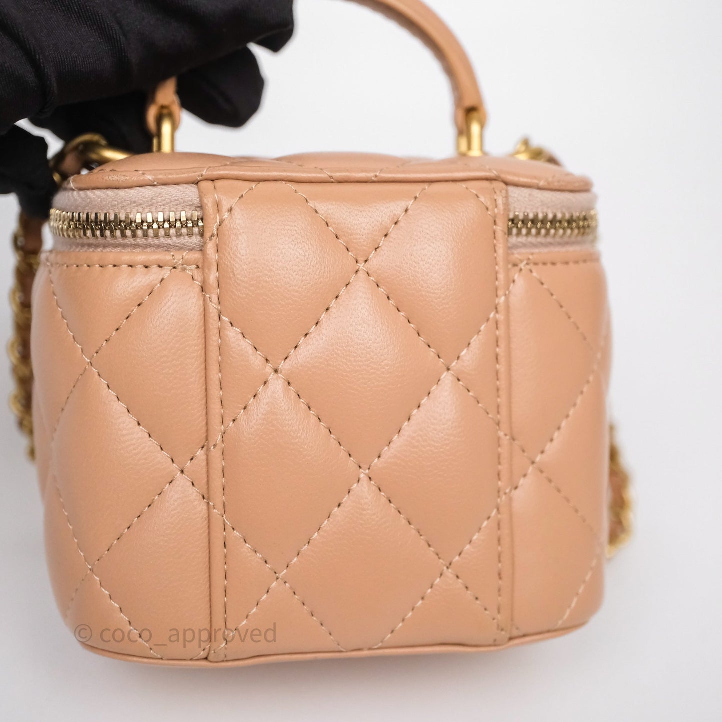 Chanel Mini Top Handle Vanity With Chain Beige Lambskin Aged Gold Hardware