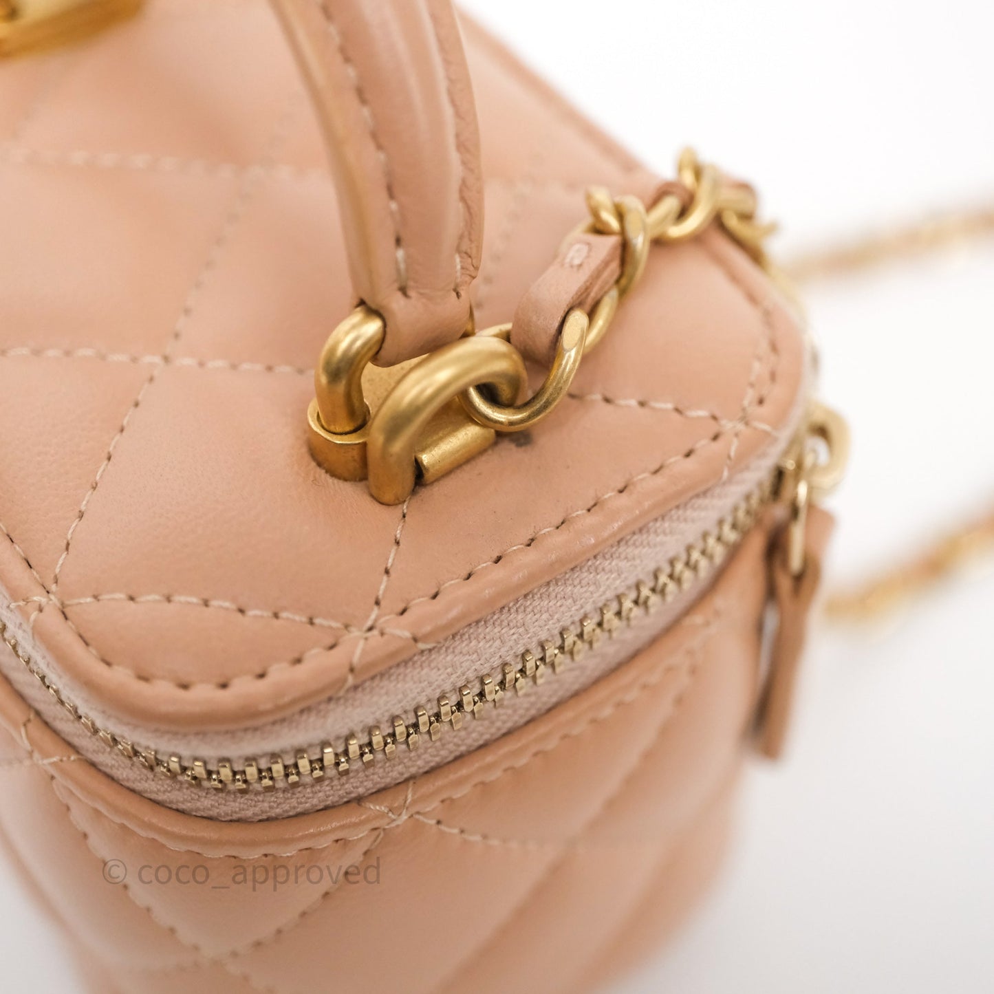 Chanel Mini Top Handle Vanity With Chain Beige Lambskin Aged Gold Hardware