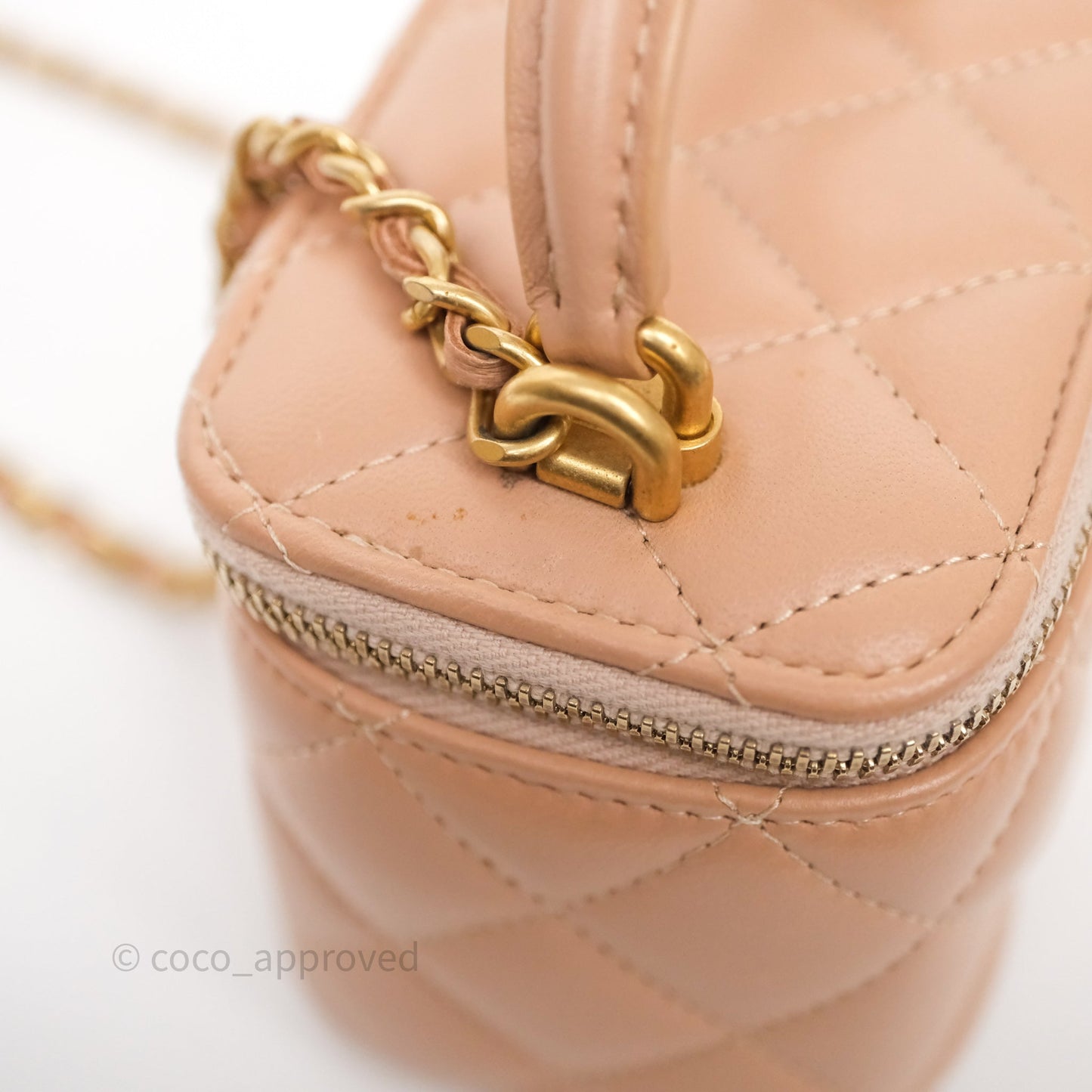 Chanel Mini Top Handle Vanity With Chain Beige Lambskin Aged Gold Hardware
