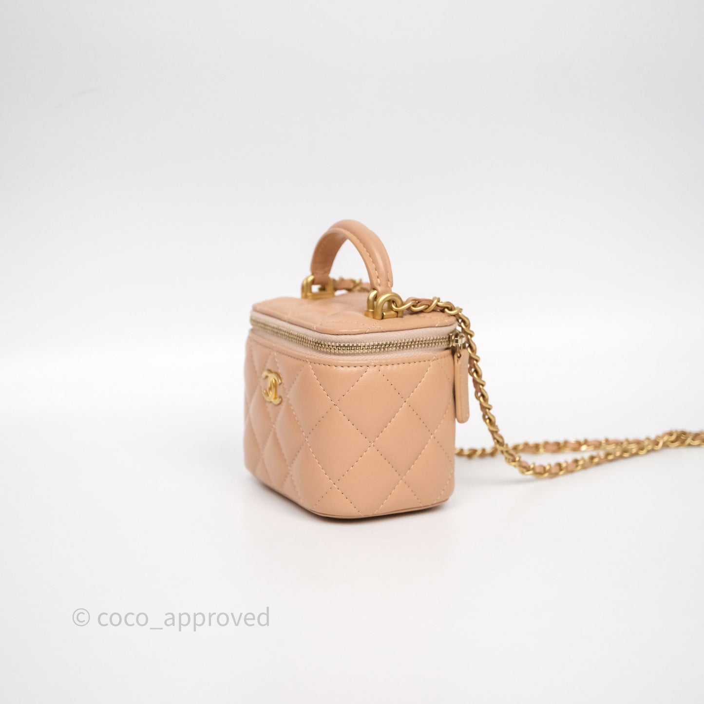 Chanel Mini Top Handle Vanity With Chain Beige Lambskin Aged Gold Hardware