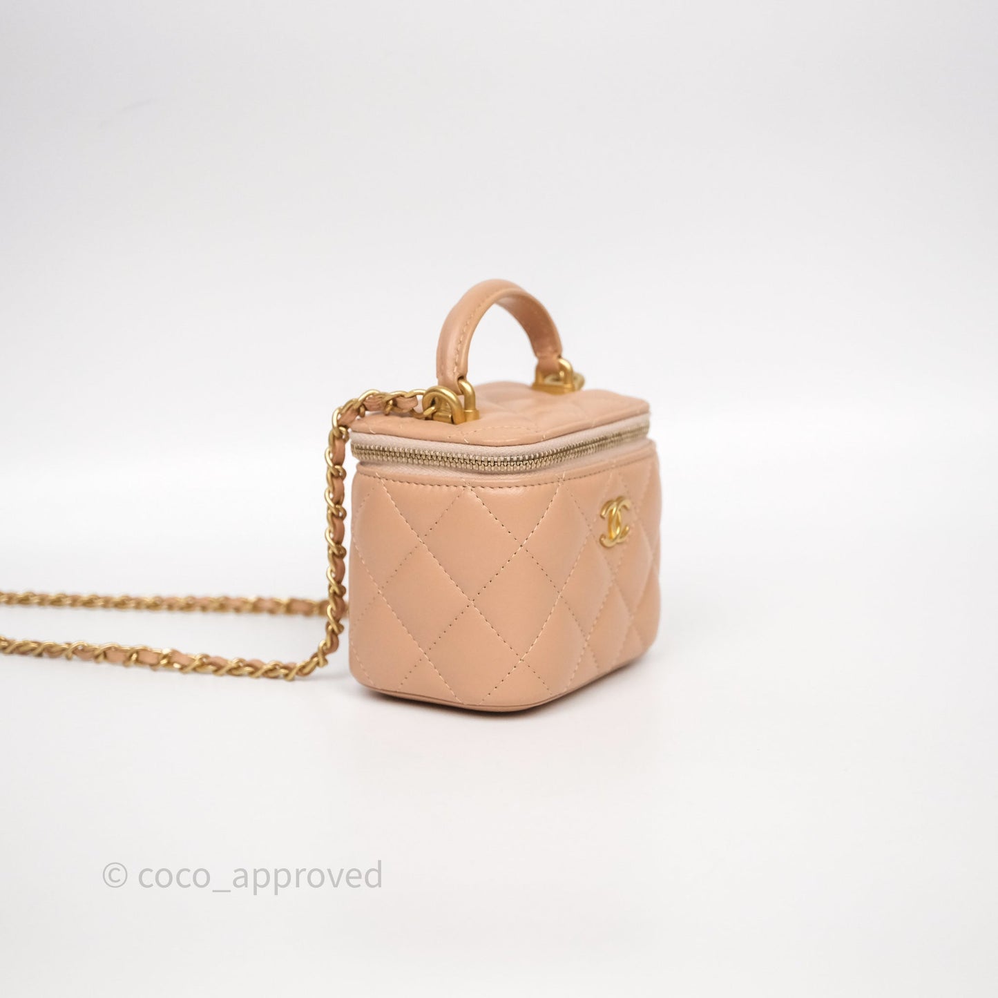 Chanel Mini Top Handle Vanity With Chain Beige Lambskin Aged Gold Hardware