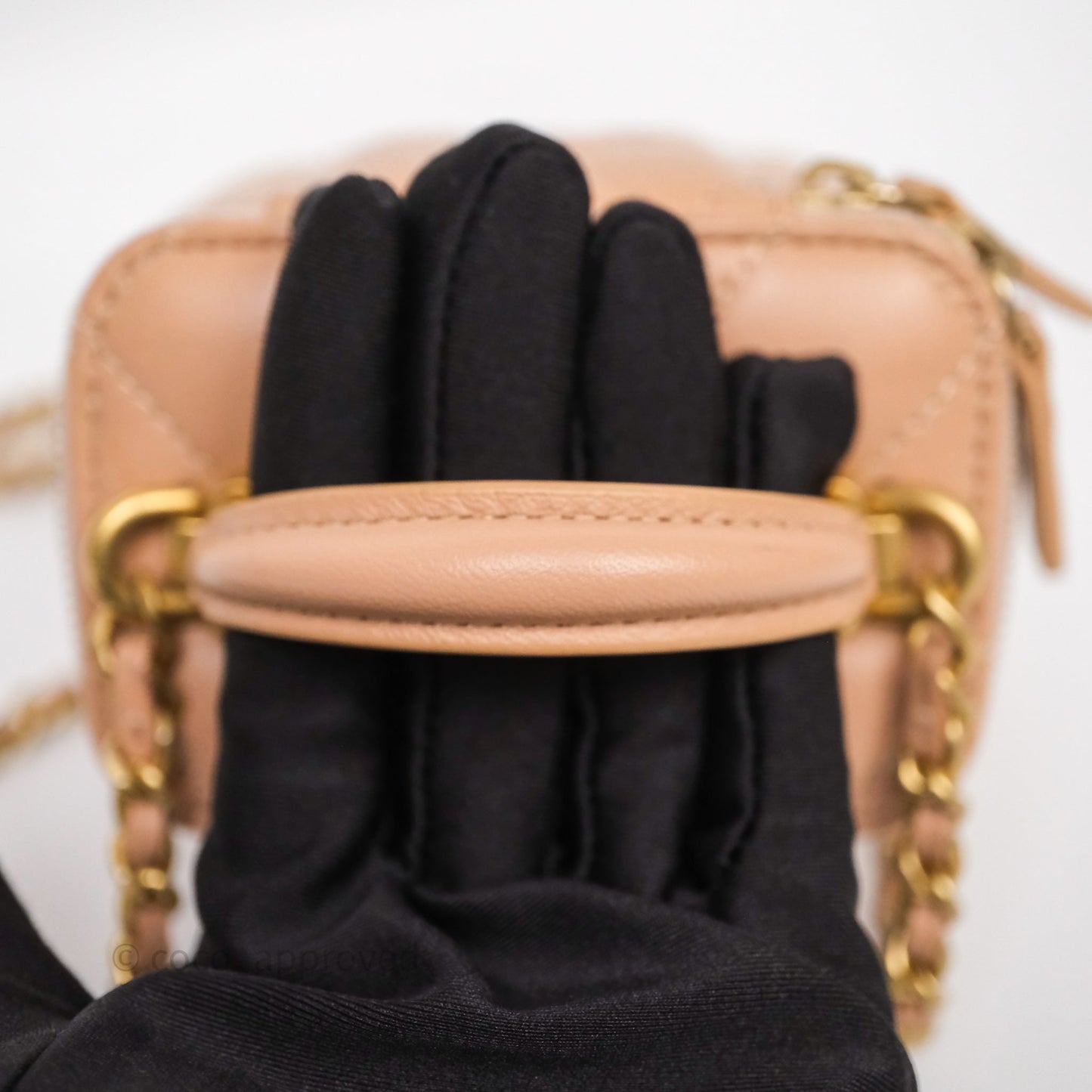 Chanel Mini Top Handle Vanity With Chain Beige Lambskin Aged Gold Hardware
